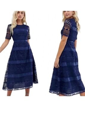 ASOS DESIGN Premium Lace Navy Blue Cocktail Midi Dress NWOT size 6